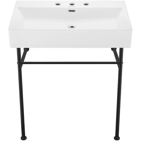 Zalorin 30" Console Sink White Basin Black Legs with 8" Widespread Holes