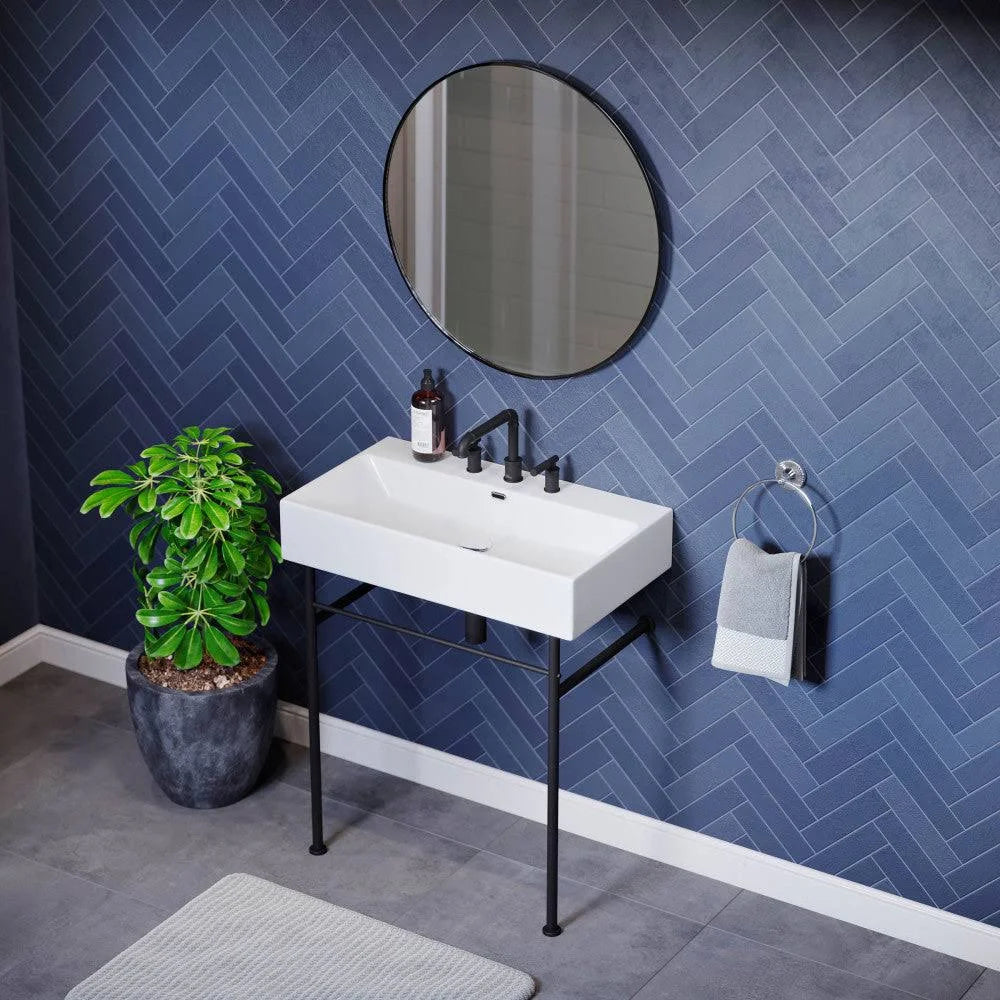 Zalorin 30" Console Sink White Basin Black Legs with 8" Widespread Holes