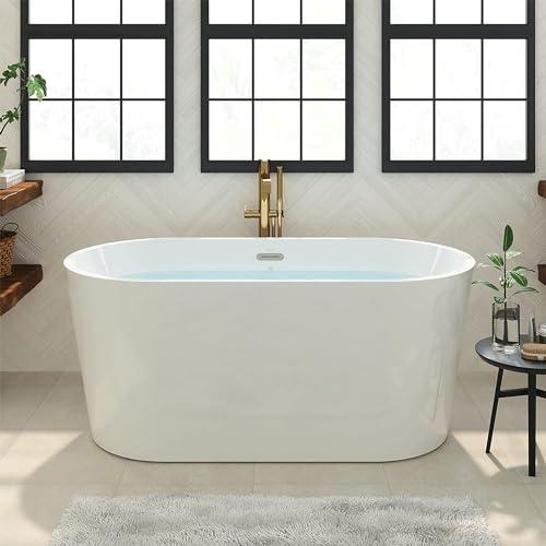 Zalorin 55" Acrylic Freestanding Bathtub, Classic Oval Shape Soaking Bathtub with Toe-Tap Chrome Drain and Classic Slotted Overflow Included, Modern White
