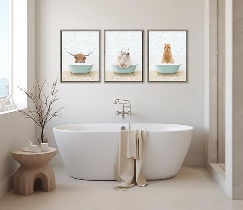 Zalorin Highland Cow and Duckling in Little Fish Bath Framed Canvas Wall Art by Amy Peterson Art Studio, 18x24 Gray, Cute Animal Bathtub Art for Wall