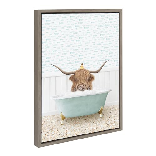 Zalorin Highland Cow and Duckling in Little Fish Bath Framed Canvas Wall Art by Amy Peterson Art Studio, 18x24 Gray, Cute Animal Bathtub Art for Wall