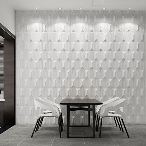 Zalorin PVC 3D Wall Panel for Interior Wall Décor, 19.7" x 19.7" Wall Decor PVC 3D Wall Panels, 3D Textured Wall Panels, Pack of 12 Tiles, White