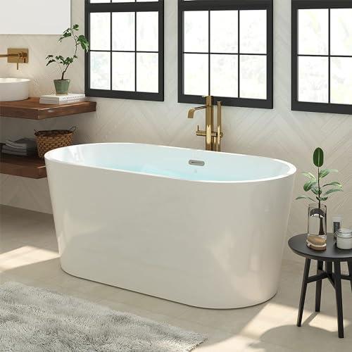 Zalorin 55" Acrylic Freestanding Bathtub, Classic Oval Shape Soaking Bathtub with Toe-Tap Chrome Drain and Classic Slotted Overflow Included, Modern White
