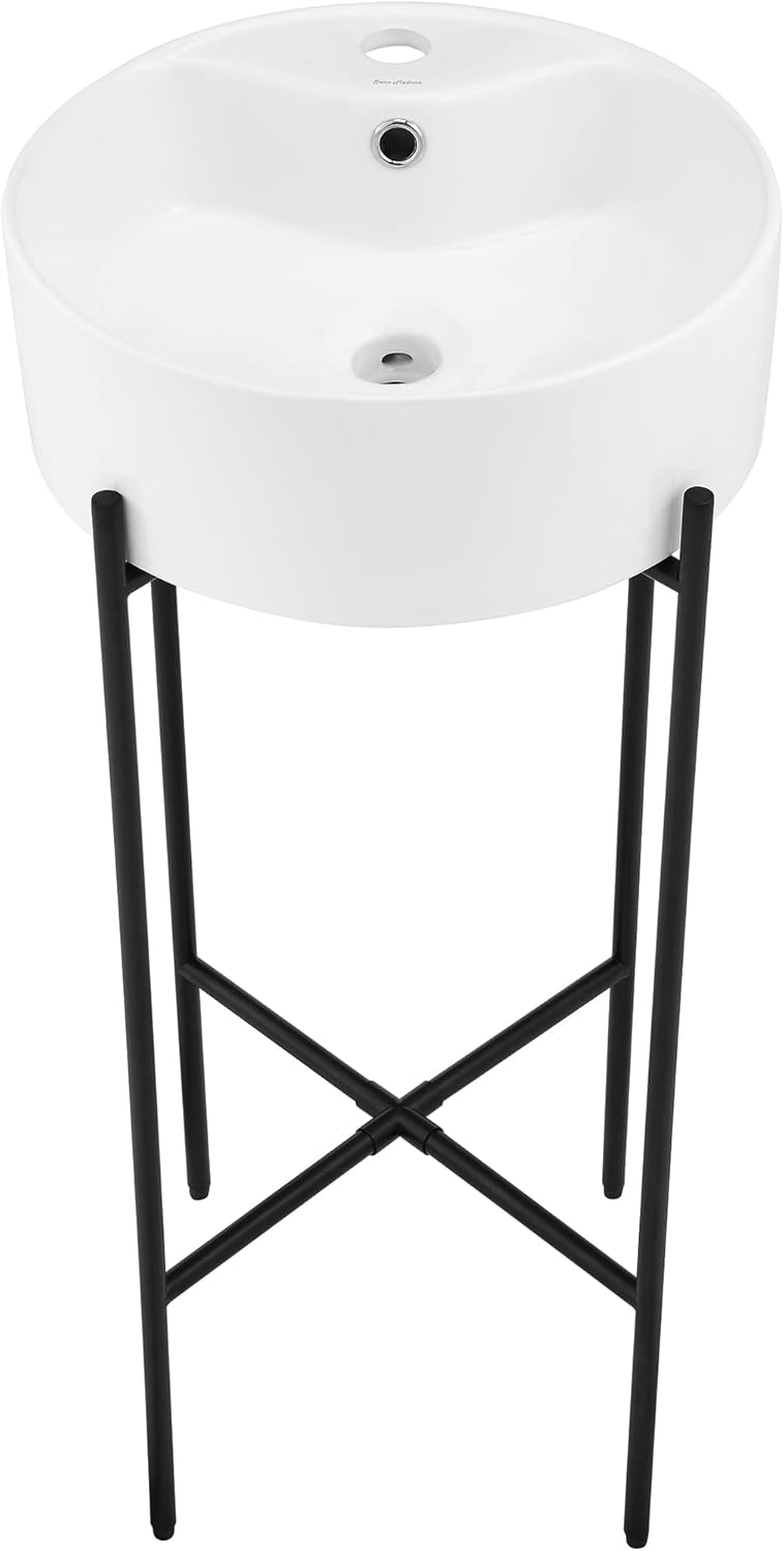 Zalorin 15.75" Round Console Sink with Faucet Mount, White Basin Matte Black Legs