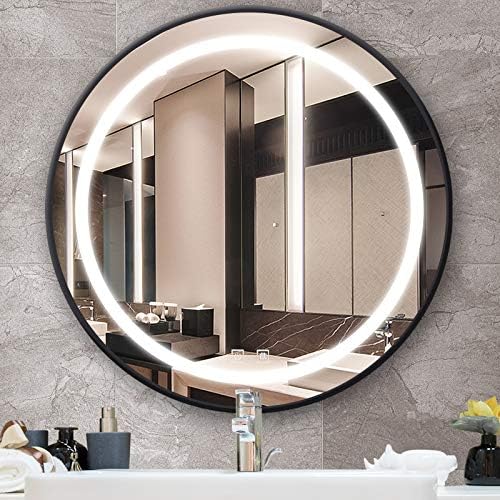 Zalorin Bathroom Wall Mirror/LED Lighting Bedroom Vanity Mirror Defogging Mirror HD Silver Mirror LED Touch Switch Metal Structure/Diameter 60 cm Black,Vanity Mirror