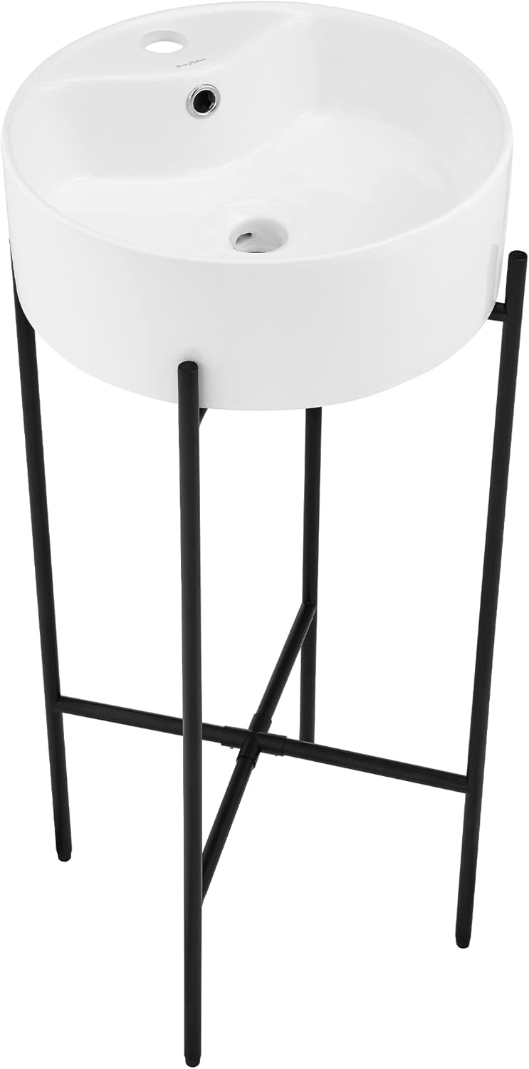 Zalorin 15.75" Round Console Sink with Faucet Mount, White Basin Matte Black Legs