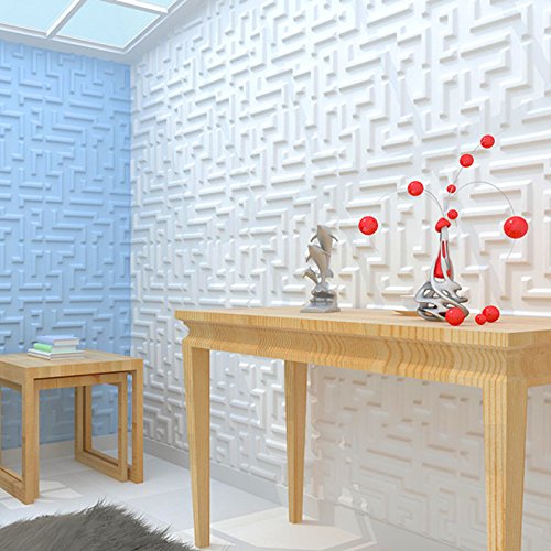 Zalorin Paintable 3D Texture Wall Panels Maze Design, White, Pack of 12 Tiles 32 Sq Ft (Plant Fiber)