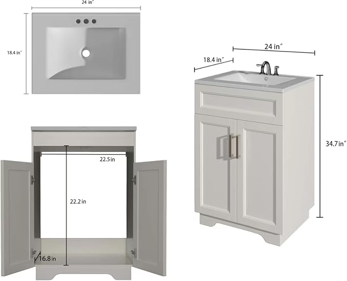 Zalorin Bathroom Vanity with Ceramic Sink, Wooden Double Door Bathroom Storage Vanity with 24 Inch, Small Quick Assembly Bathroom Cabinet