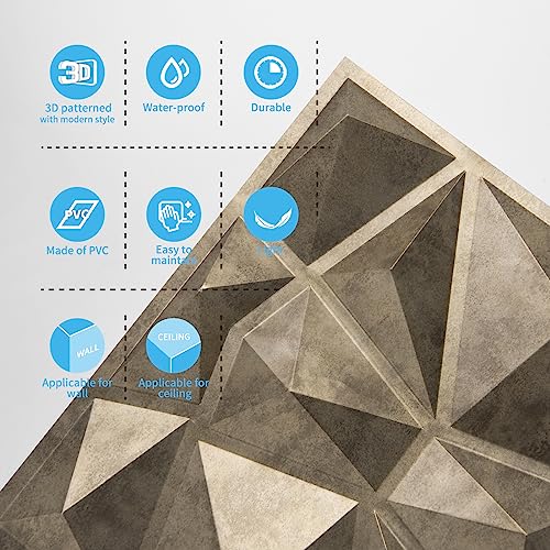 Zalorin Decorative 3D Wall Panels in Diamond Design, 12"x12" Antique Gold (33 Pack)