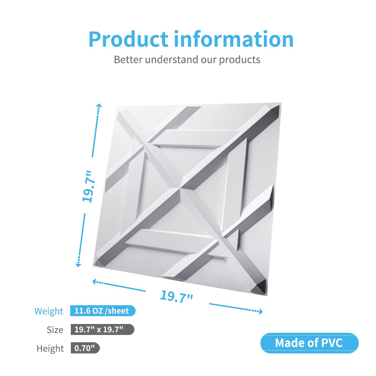 Zalorin PVC 3D Wall Panel, Decorative Wall Tile in White 12-Pack 19.7"x19.7"