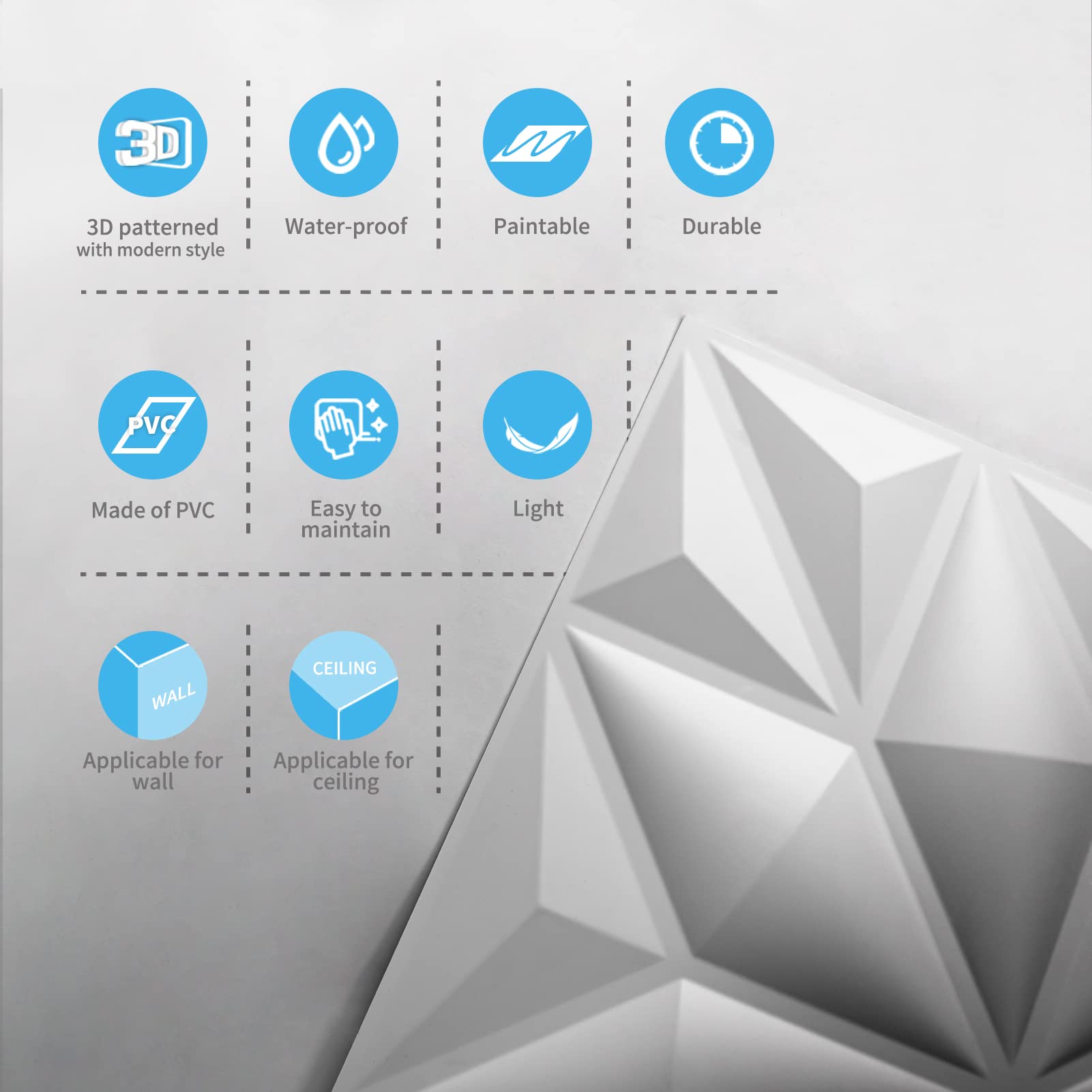 Zalorin 3D Wall Panels for Interior Wall Decor, White Diamond Decorative PVC Wall Panels, Pack of 12 Tiles 32 Sq Ft