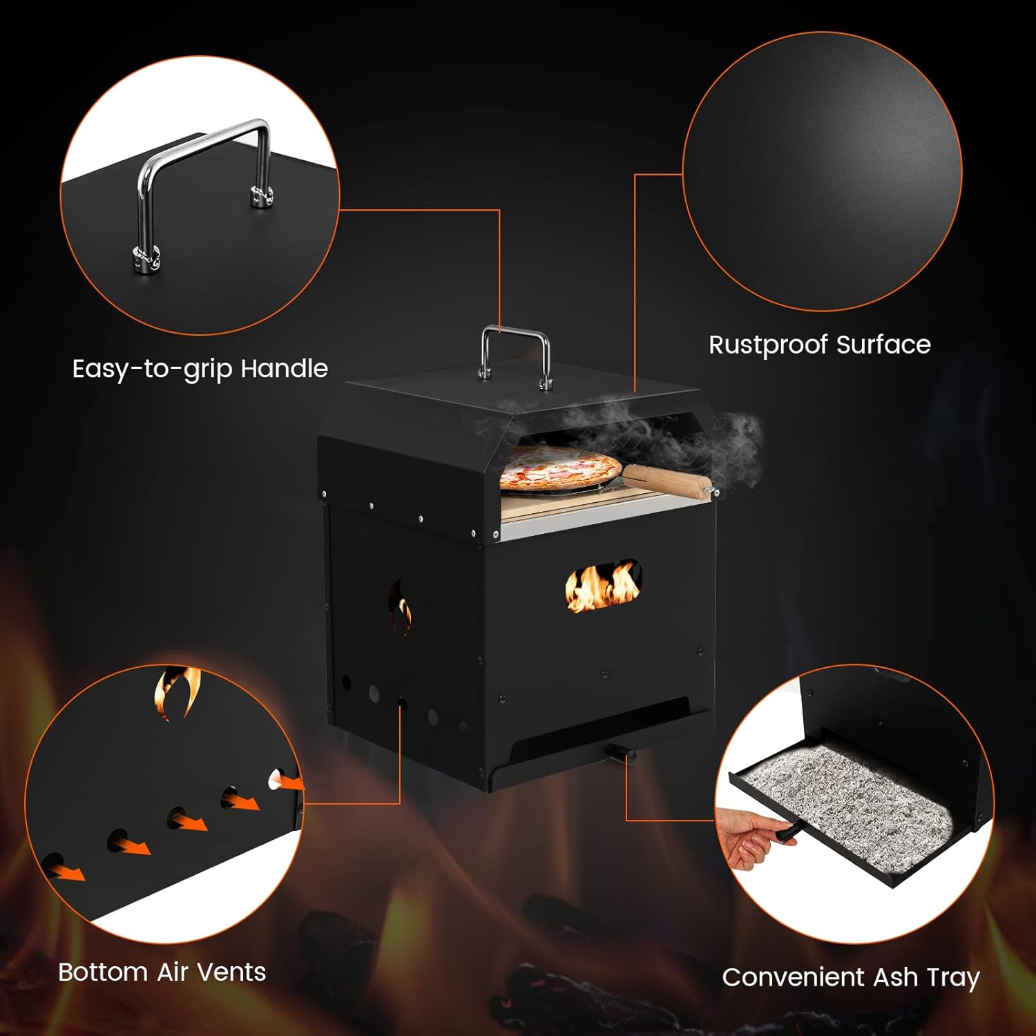 Zalorin, 4-in-1 Detachable Stone, Cooking Grill, Shovel, Convenient Handle, Waterproof Cover for Camping, Hiking, Picnic, BBQ Outdoor Pizza Oven, Black