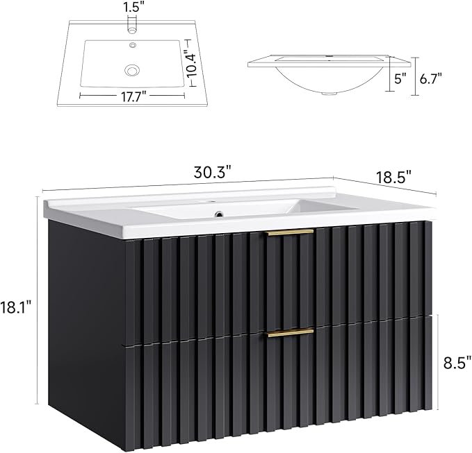 Zalorin 30 Inch Bathroom Vanity with Sink Combo, Floating Bathroom Vanity with 2 Fluted Drawers & Metal Handle, Modern Wall Mount Storage Cabinet with Ceramic Integrated Sink for Small Space (Black)