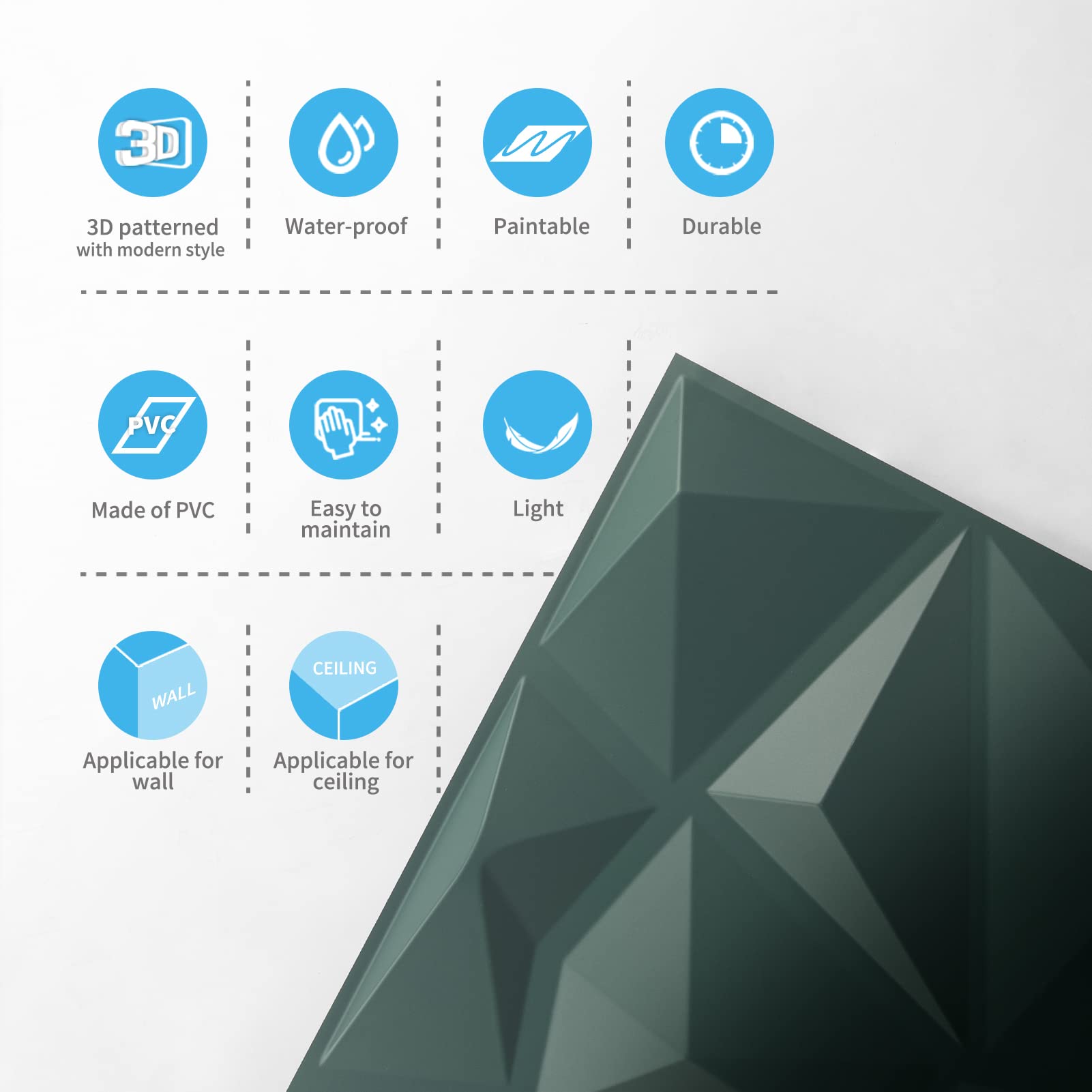 Zalorin Textures 3D Wall Panels Army Green Diamond Design for Interior Wall Decor Pack of 12 Tiles 32 Sq Ft (PVC)