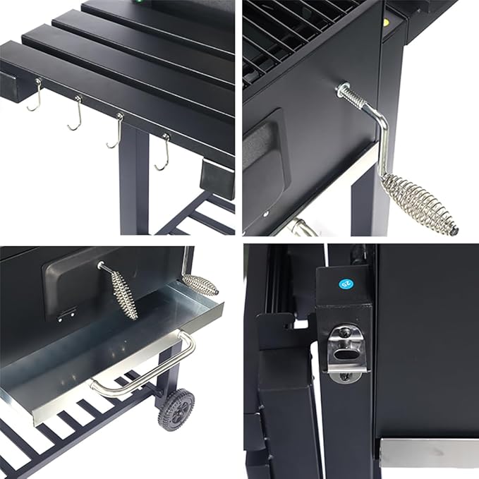 Zalorin BBQ Cart with Foldable Side Table, Charcoal Grill with Cover, Wheels, Smoker BBQ Large Charcoal Grill Cart for Outdoor Camping and