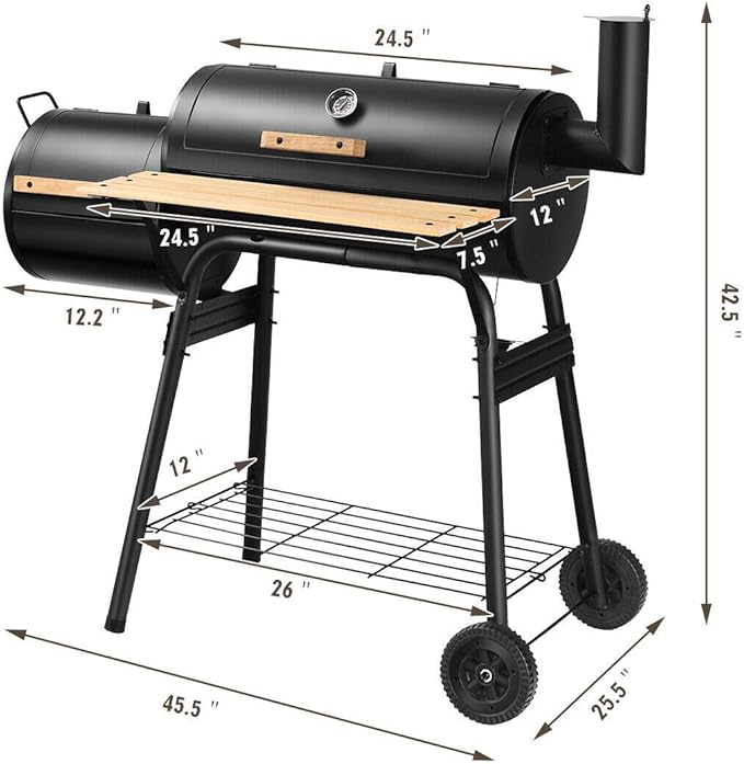 Zalorin Grill Charcoal BBQ Reduce Offset Smoker Barbecue Steel Outdoor Patio Backyard Stainless