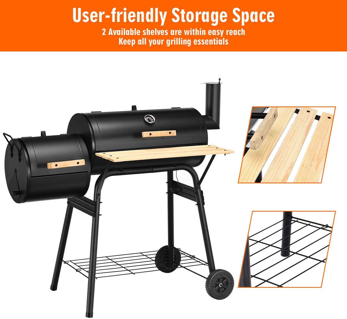 Zalorin Grill Charcoal BBQ Reduce Offset Smoker Barbecue Steel Outdoor Patio Backyard Stainless
