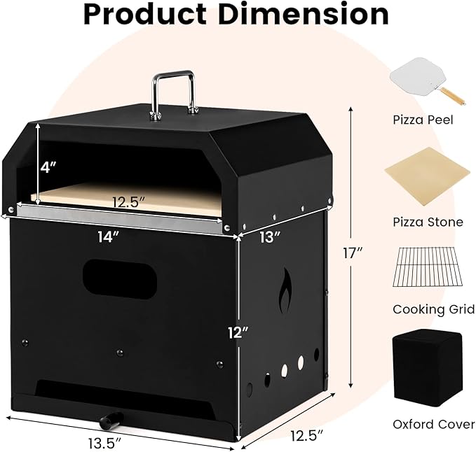 Zalorin, 4-in-1 Detachable Stone, Cooking Grill, Shovel, Convenient Handle, Waterproof Cover for Camping, Hiking, Picnic, BBQ Outdoor Pizza Oven, Black