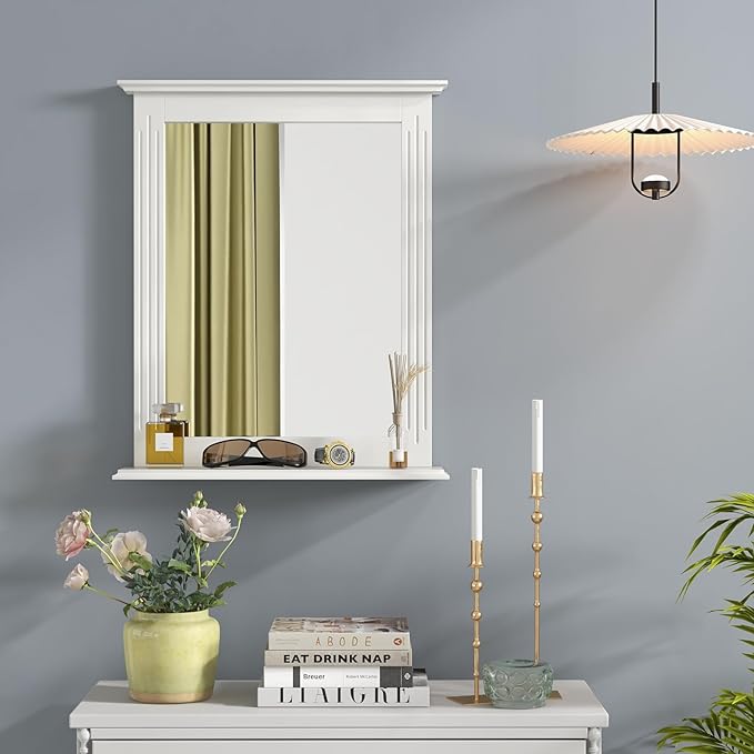 Zalorin Bathroom Wall Mirror with Shelf, Square Makeup Mirror Wall Hanging Mirror, Vanity Mirror for Dressing Room Washroom Bedroom, Modern Concise Wall Mounted Mirror (White)