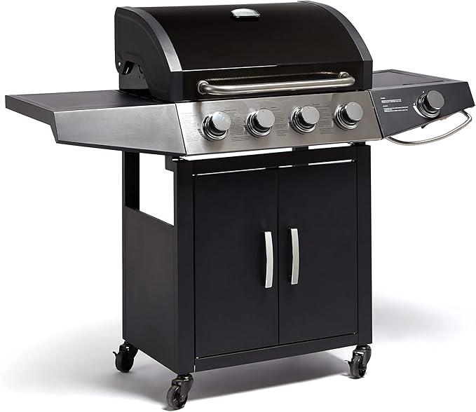 Zalorin Gas BBQ, 4+1 Burner Gas Barbecue with Warming Rack, Side Burner, Temperature Gauge, Cabinet Storage, 4 Wheels, Portable, Steel & Chrome, Grill Meat, Fish, Veg in Your Garden Outdoor Space