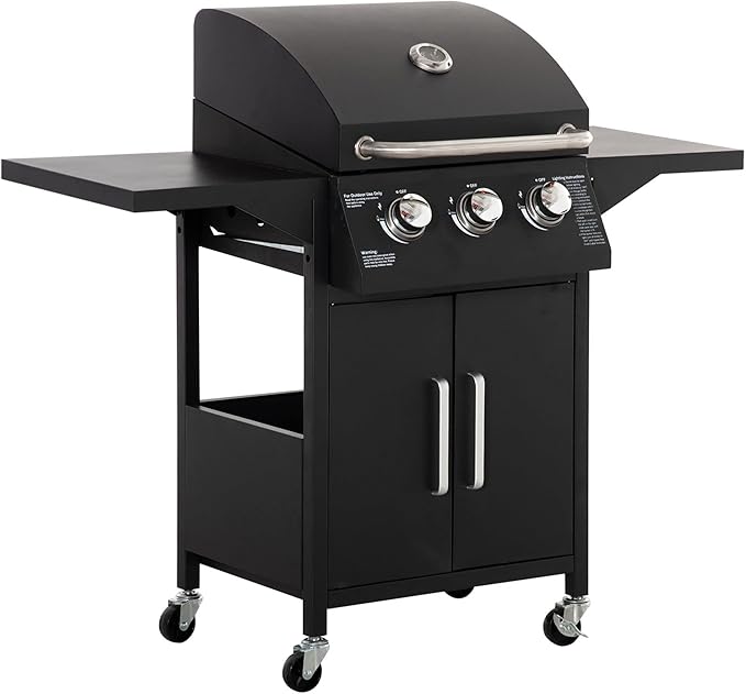 Zalorin 3 Burner Gas Grill, Portable Propane Grill with Wheels, Outdoor Carbon Steel Barbecue Trolley with Warming Rack, Side Shelves, Storage Cabinet, Thermometer, Black