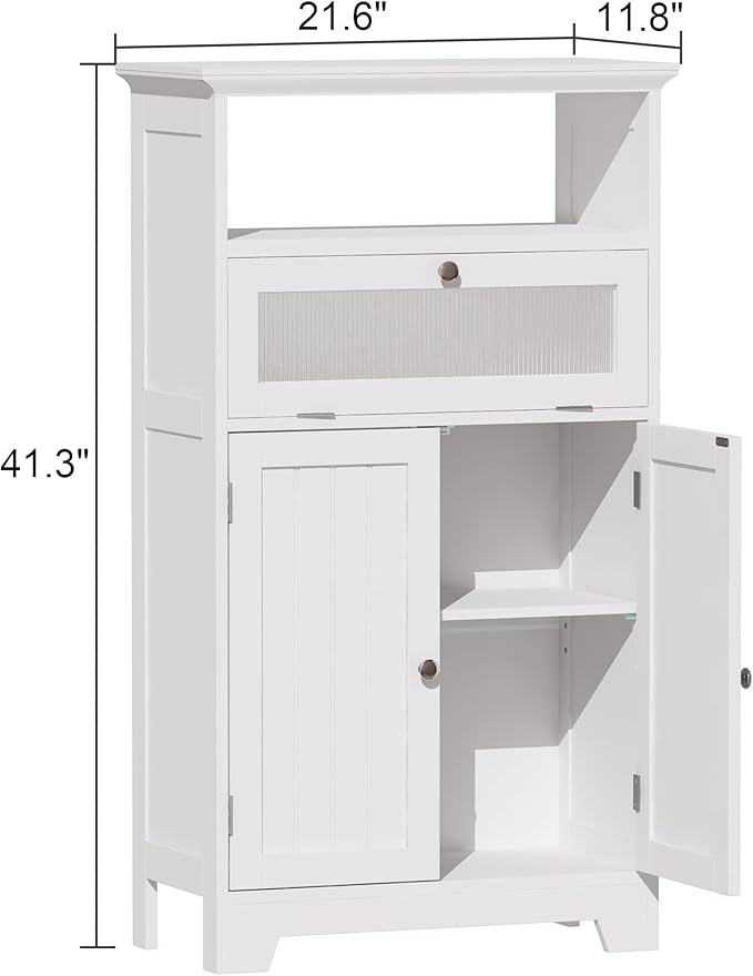 Zalorin Bathroom Floor Storage Cabinet with Flip Glass Drawer, Bathroom Cabinets Freestanding with 2 Doors Adjustable Shelf & Open Storage for Bathroom, Living Room, Hallway, White