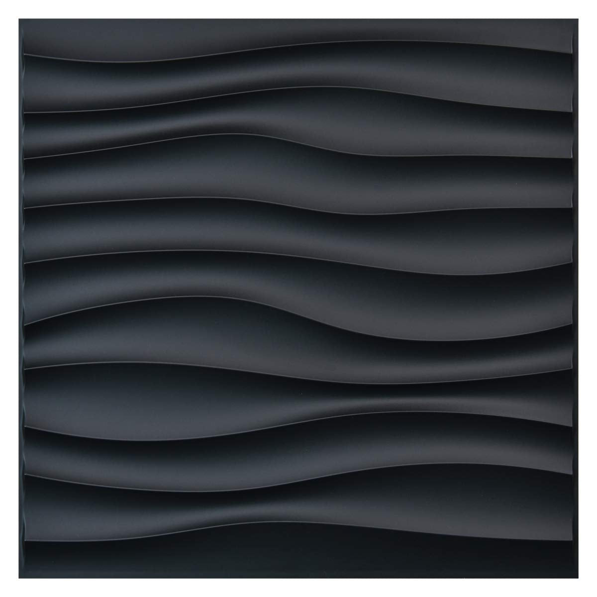 Zalorin PVC Wave Panels for Interior Wall Decor, Black Textured 3D Wall Tiles, 19.7" x 19.7" (12 Pack)