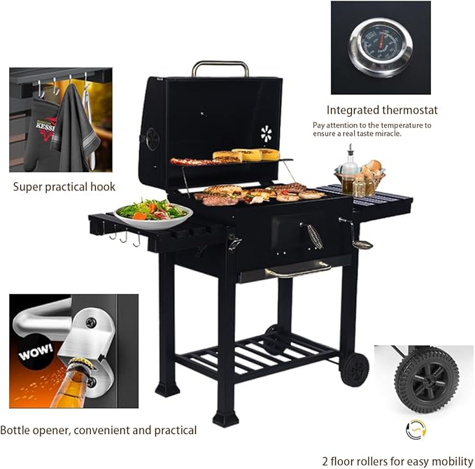 Zalorin BBQ Cart with Foldable Side Table, Charcoal Grill with Cover, Wheels, Smoker BBQ Large Charcoal Grill Cart for Outdoor Camping and