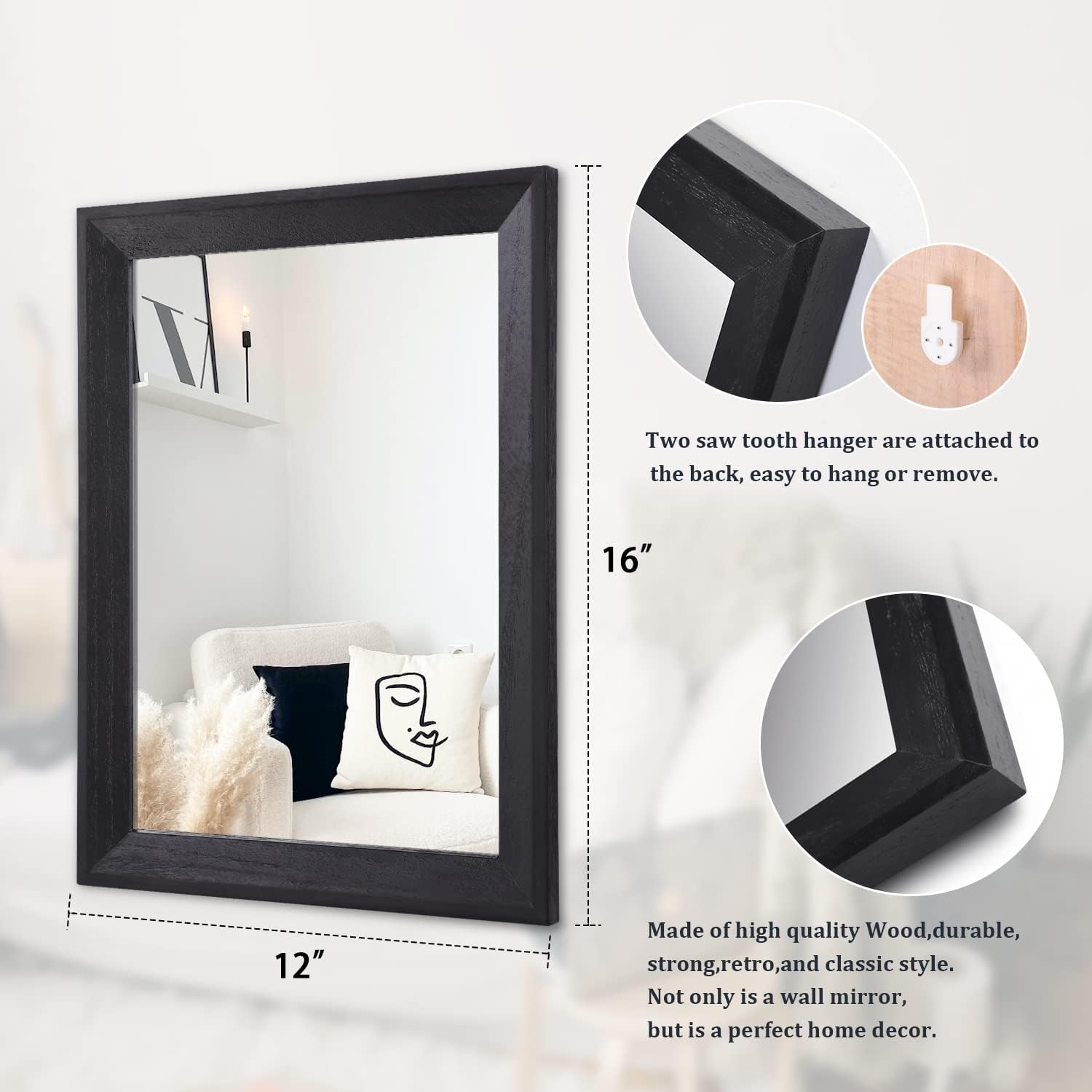 Zalorin Wall Mirror Black Rectangle Rustic Wood Mirror Decorative Hanging Mirror for Bathroom Bedroom Farmhouse
