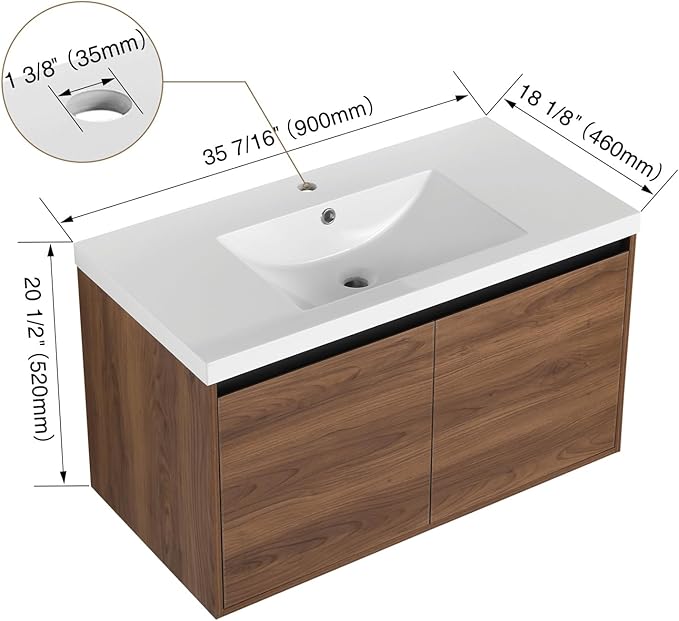 Zalorin Bathroom Vanity,Wall Mounted Bathroom Storage Cabinet with Resin Sink & 2 Soft Closing Doors,36'' Floating Vanity Cabinet with 45° Bevel Handle & Below Large Storage Space,Brown