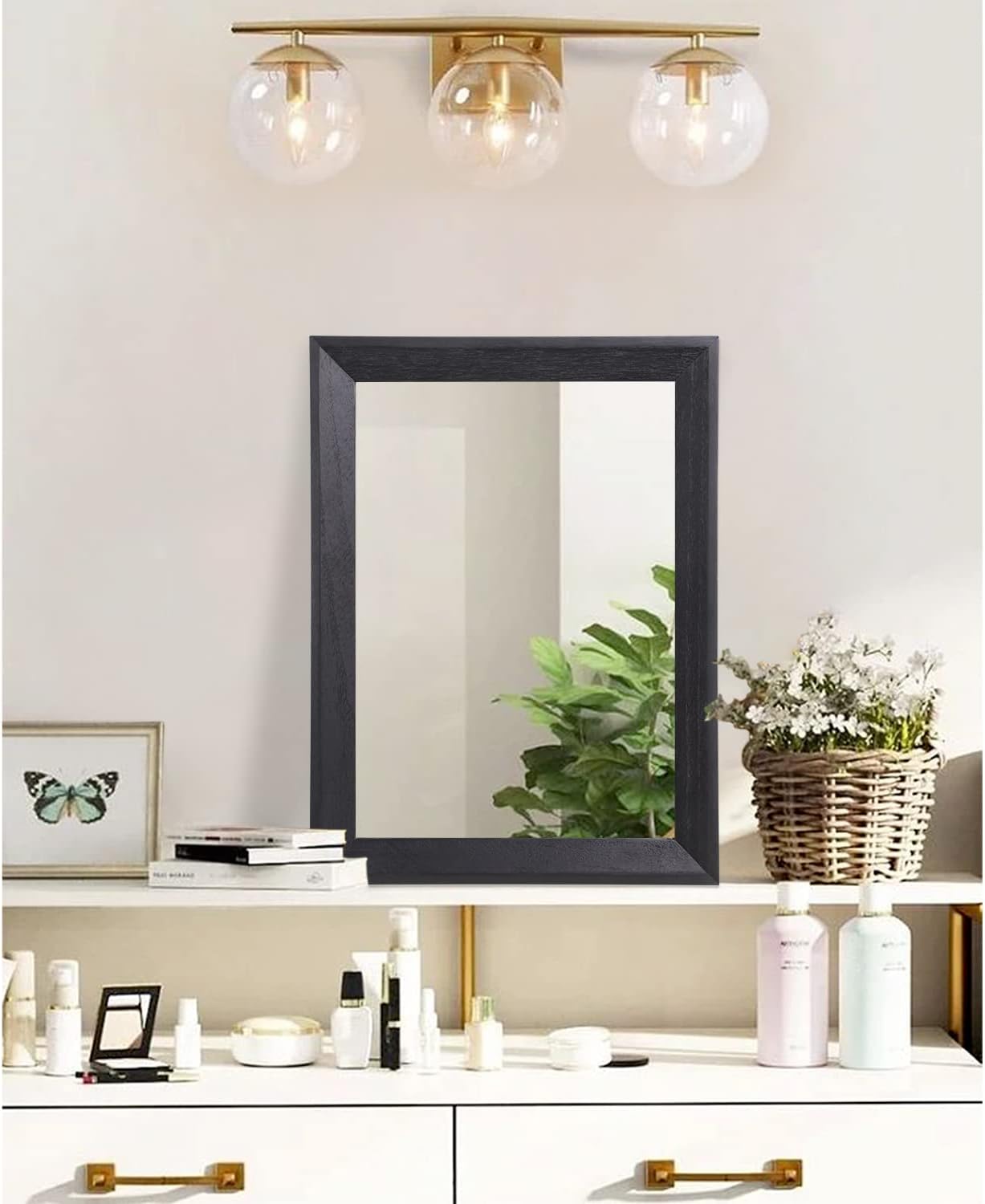 Zalorin Wall Mirror Black Rectangle Rustic Wood Mirror Decorative Hanging Mirror for Bathroom Bedroom Farmhouse