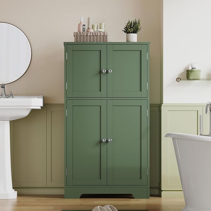 Zalorin Bathroom Cabinet, Storage Cabinet with 4 Doors & 2 Adjustable Shelves, Cupboard for Living Room, Entryway, Office, Forest Green