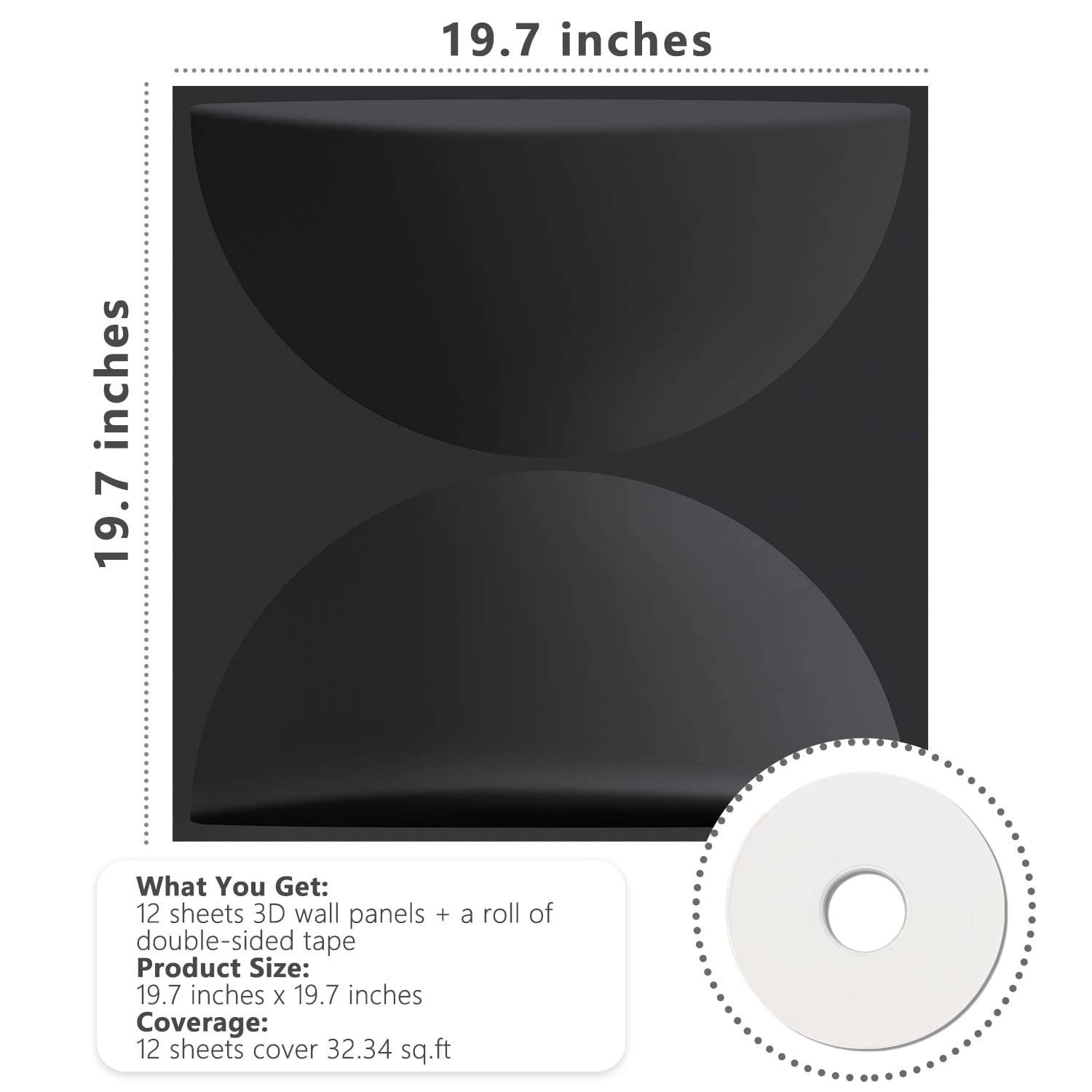 Zalorin 3D Wall Panels, Black Semicircle Textured Wall Panels for Interior Wall Decor, Comes with a Roll of Peel and Stick Tape, Pack of 12 Tiles 32.34 sq. Ft