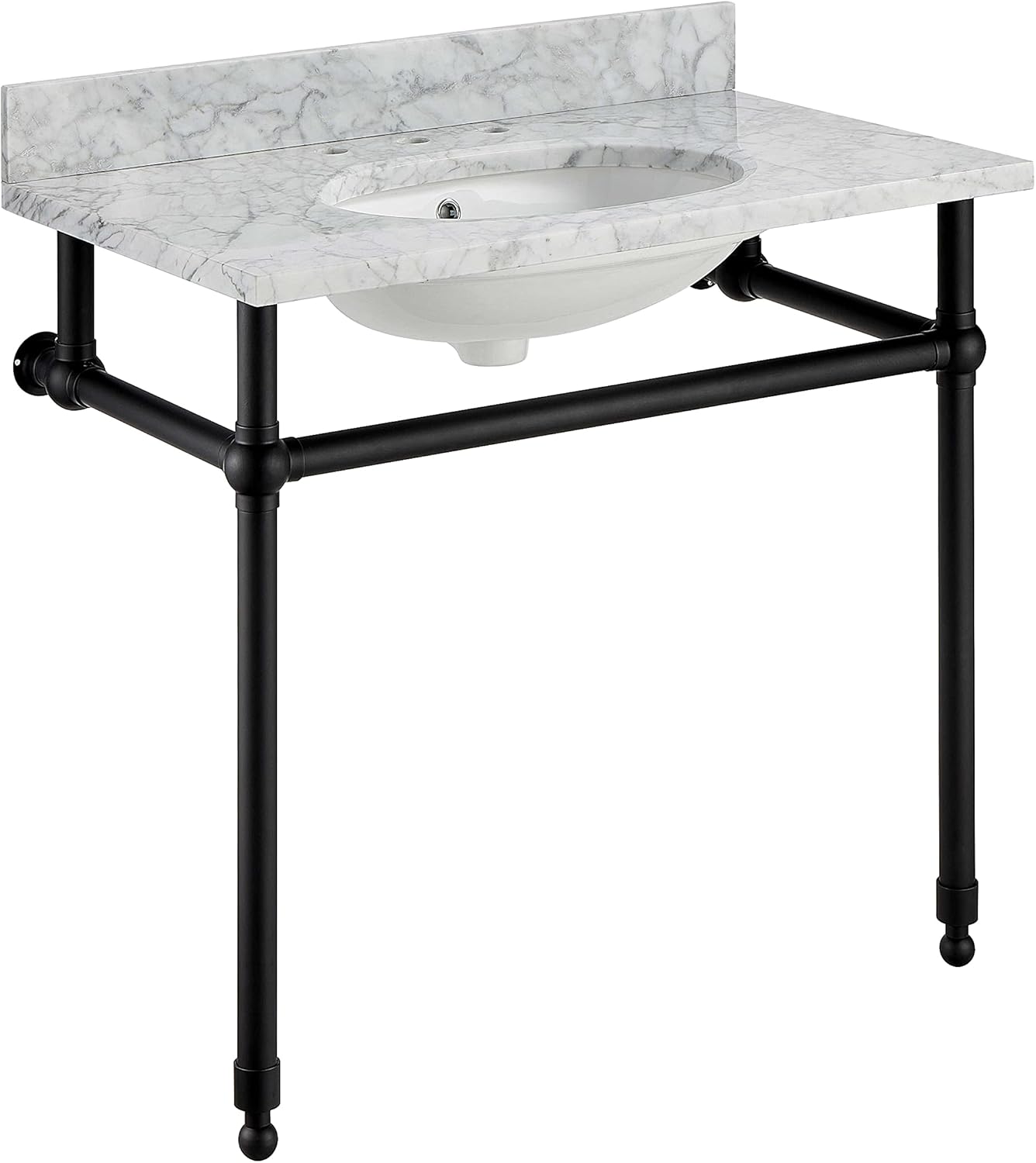 Zalorin 34.5 in. Console Sink in Matte Black with Carrara White Counter Top | Retro Console Bathroom Durable Carrara White Stone Sink with Stainless Steel Metal Legs Stand | CS-FGC004-MB
