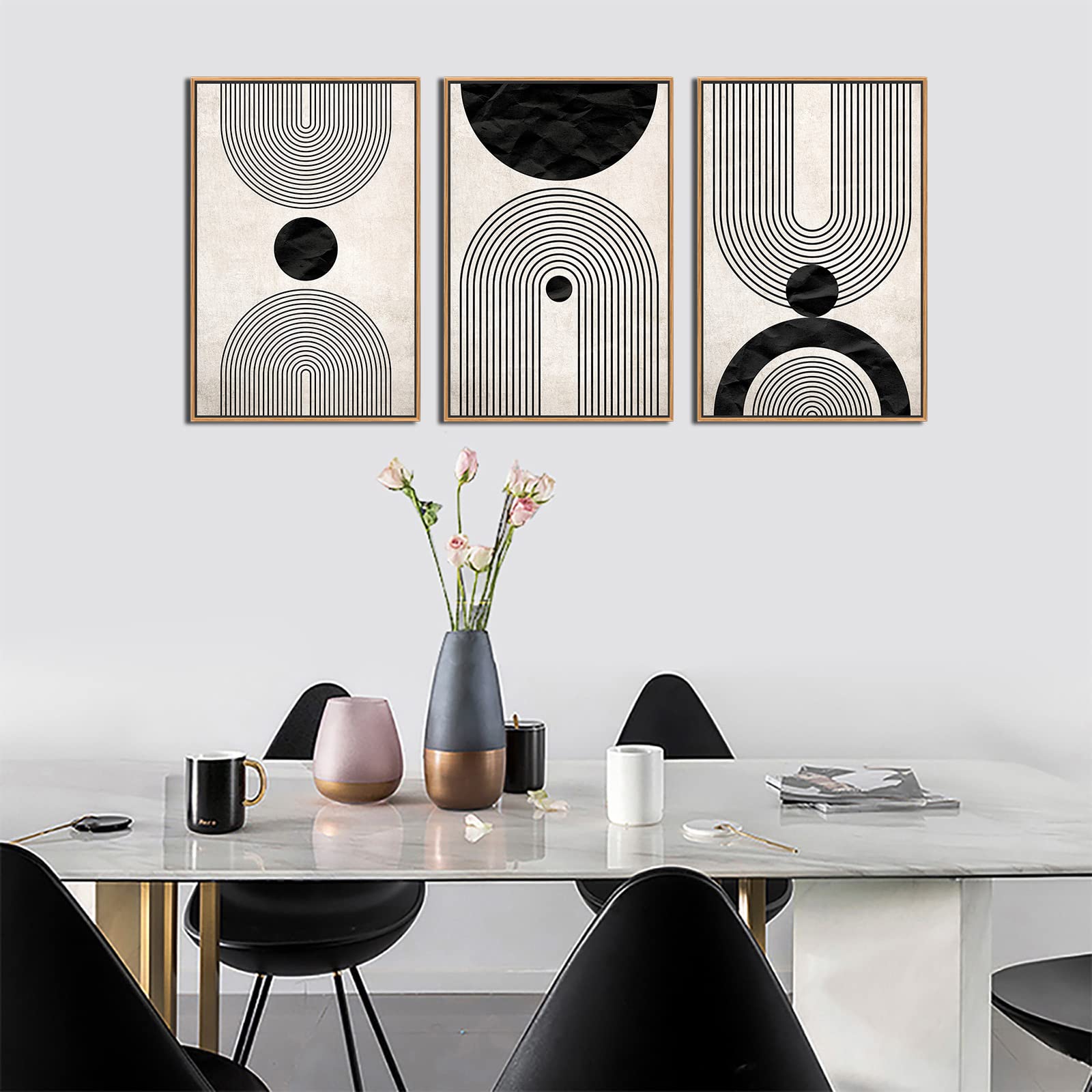 Zalorin Framed Wall Art Canvas Set Mid Century Boho Pictures Modern Abstract Geometric Wall Decor Minimalist Black Beige Bohemian Canvas Painting Artwork for Living Room Bedroom Office 16"x24"x3 Natural