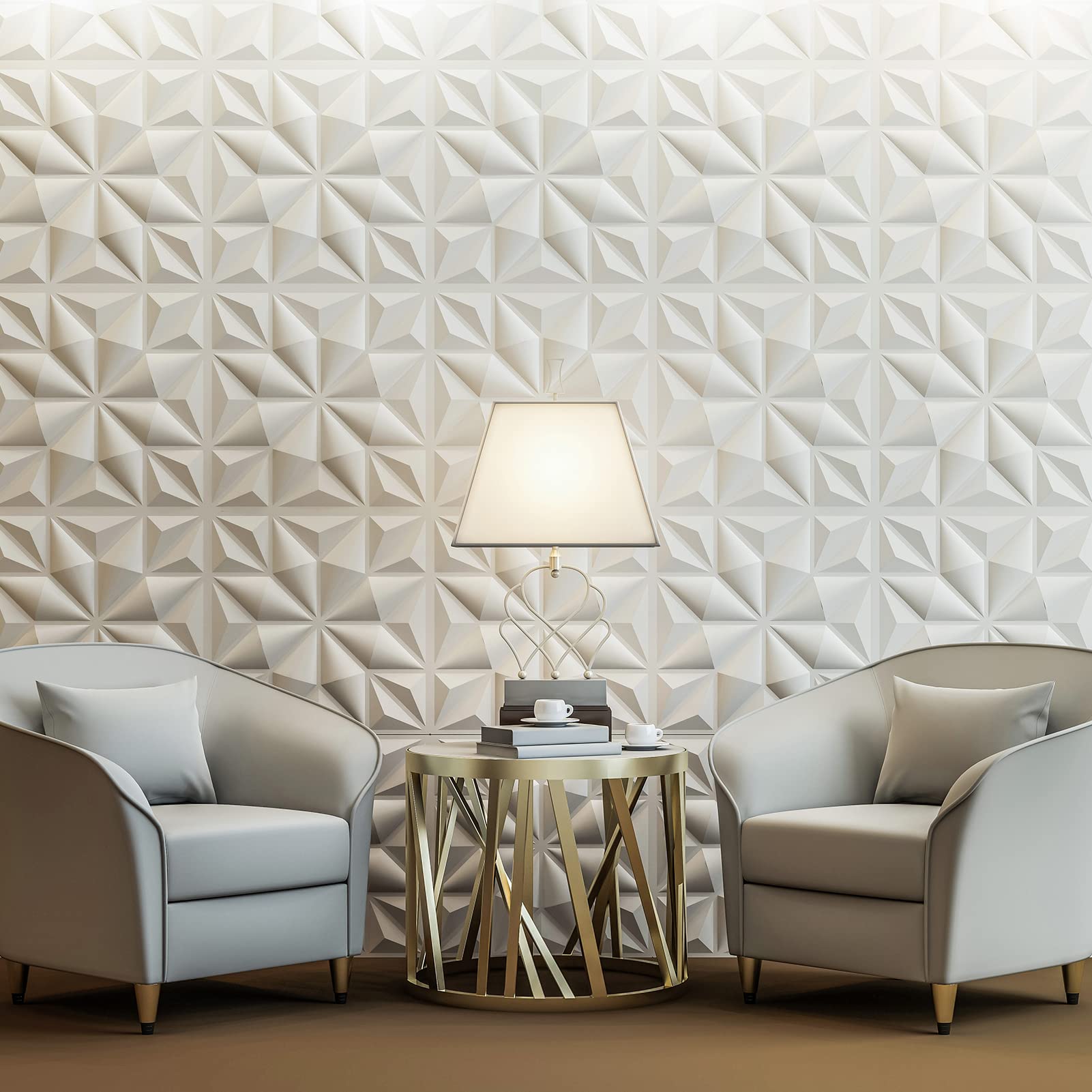 Zalorin 3D Wall Panels for Interior Wall Decor, White Diamond Decorative PVC Wall Panels, Pack of 12 Tiles 32 Sq Ft