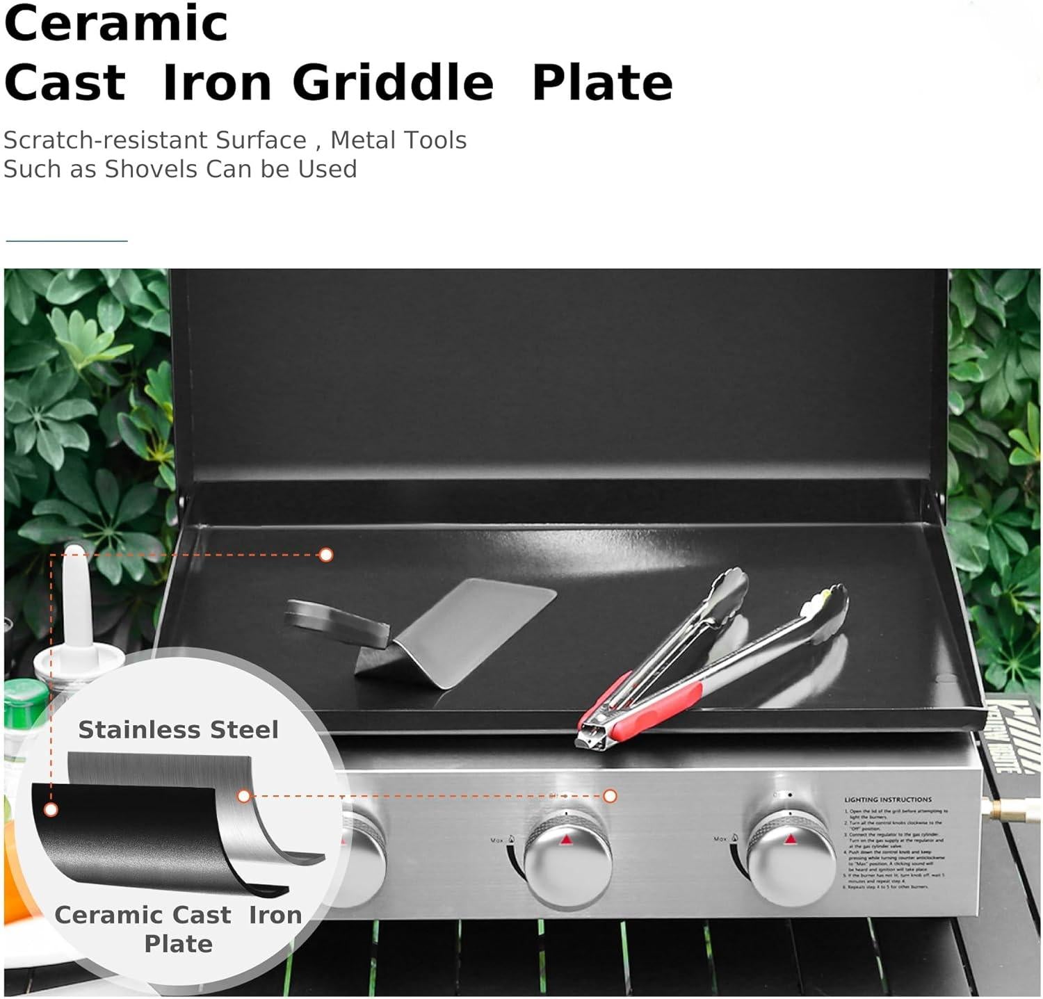 22 Inch Flat Top Grill with Ceramic Coated Cast Iron Pan, 3 Burners Portable Tabletop Propane Gas Griddle Grill for Camping, Outdoor & Tailgating Barbecue.