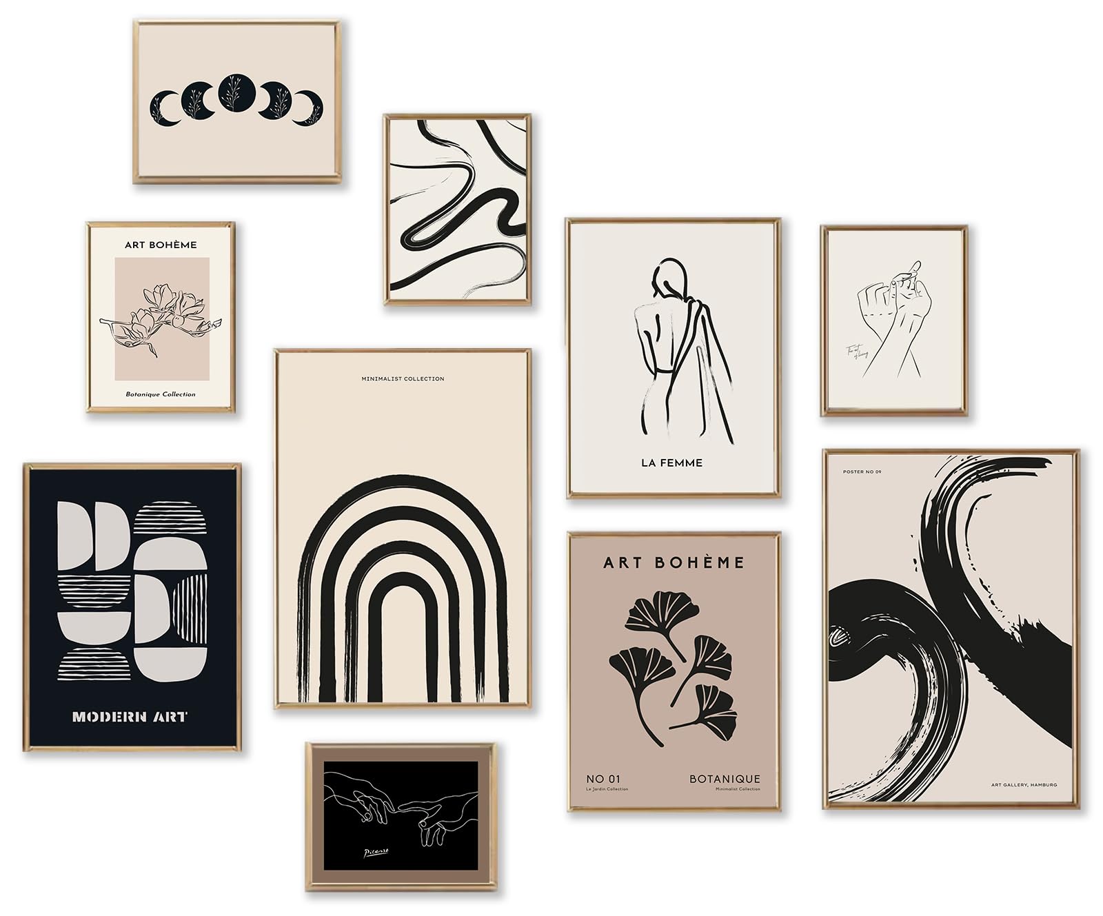 Zalorin Minimalist Boho Eclectic Wall Art Prints, 10 PCs Boho Wall Decor Abstract Neutral Black Beige Women Body Line Flower Canvas Painting Poster,Gallery Picasso Picture Eclectic Home Decor for Room