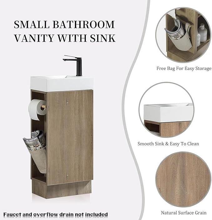 Zalorin 16" Small Bathroom Vanity with Sink Narrow Depth Bathroom Vanities,Wood Vanity Cabinet,Soft Closing Door,Adjustable Shelves,Modern Wall Decor,Grey