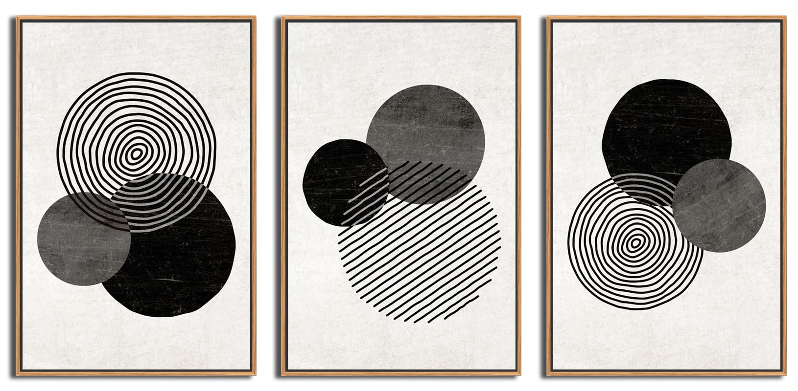 Zalorin Framed Black and White Wall Art Canvas Set Mid Century Boho Pictures Modern Geometric Lines Rounds Wall Decor Minimalist Bohemian Abstract Painting Artwork for Living Room Bedroom Office 16"x24"x3Pc