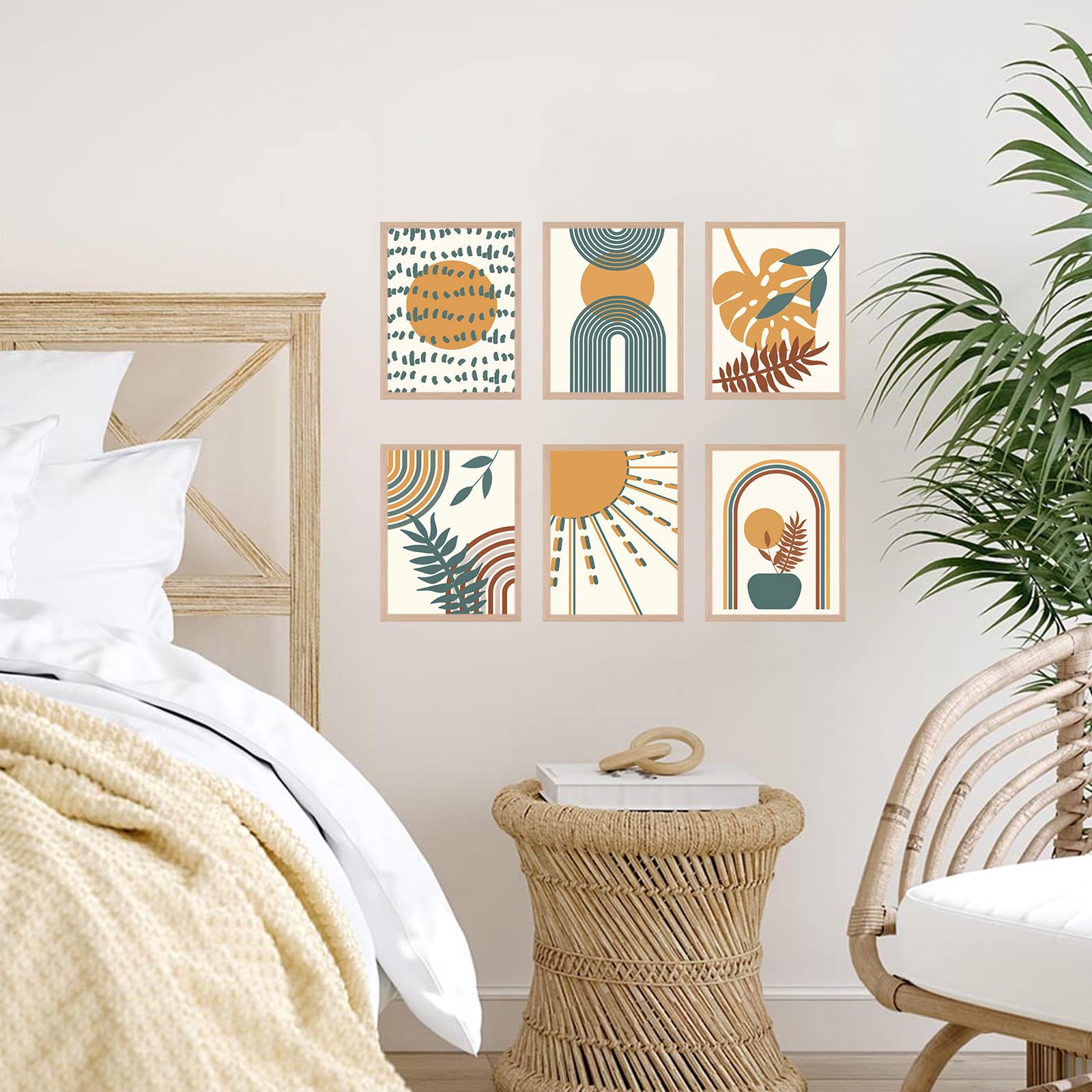 Zalorin Boho Wall Art Set of 6 Minimalist Mid Century Wall Art Prints Unframed Geometry Line Art Sun Plant Leaf Abstract Modern Artwork Poster Boho Decor for Living Room Bedroom Office 8x10 Inch