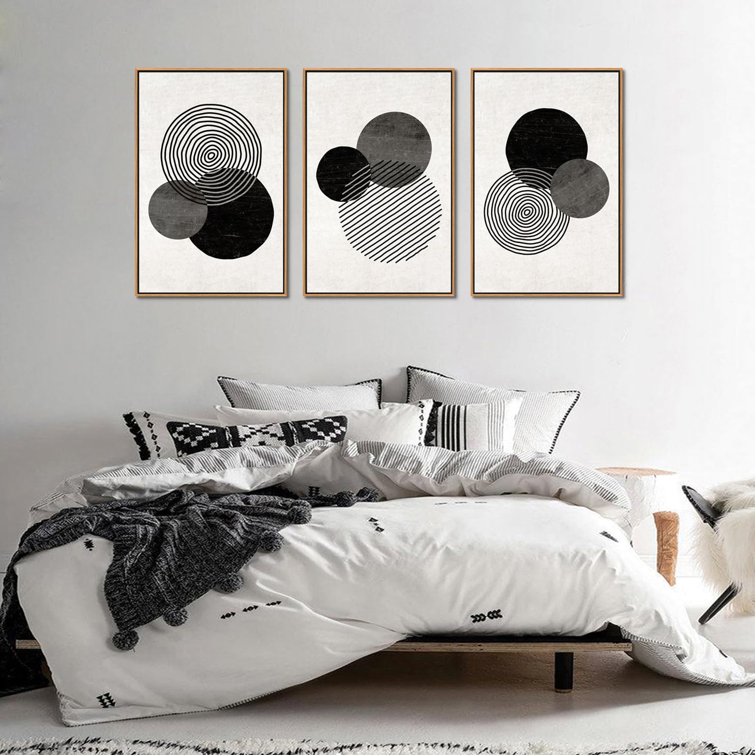 Zalorin Framed Black and White Wall Art Canvas Set Mid Century Boho Pictures Modern Geometric Lines Rounds Wall Decor Minimalist Bohemian Abstract Painting Artwork for Living Room Bedroom Office 16"x24"x3Pc