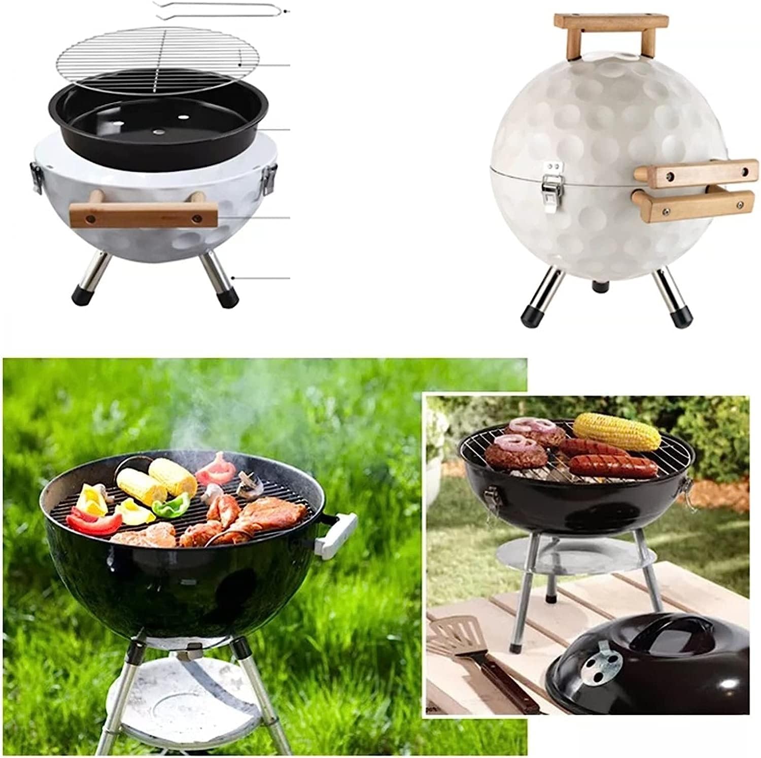 Zalorin Gas Grill Portable Charcoal Football Shaped Oven Spherical Grill Mini Round Outdoor Charcoal Grill Stove Foldable Kebab Stove