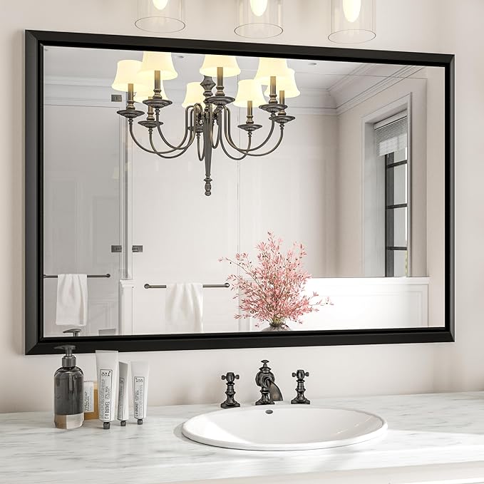 Zalorin 40x30 Inch Black Bathroom Mirror for Wall,Matte Black Bathroom Vanity Mirror,Metal Frame Rectangle Mirror Farmhouse,Modern Square Corner Wall Mirror(Horizontal/Vertical)