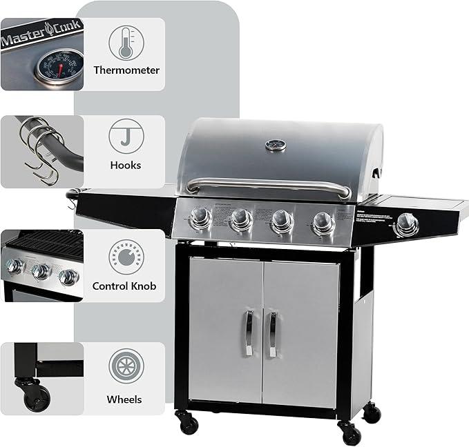 Zalorin Outdoor Propane Gas Grill, 4-Burner with Side Burner, Stainless Steel, Silver Black