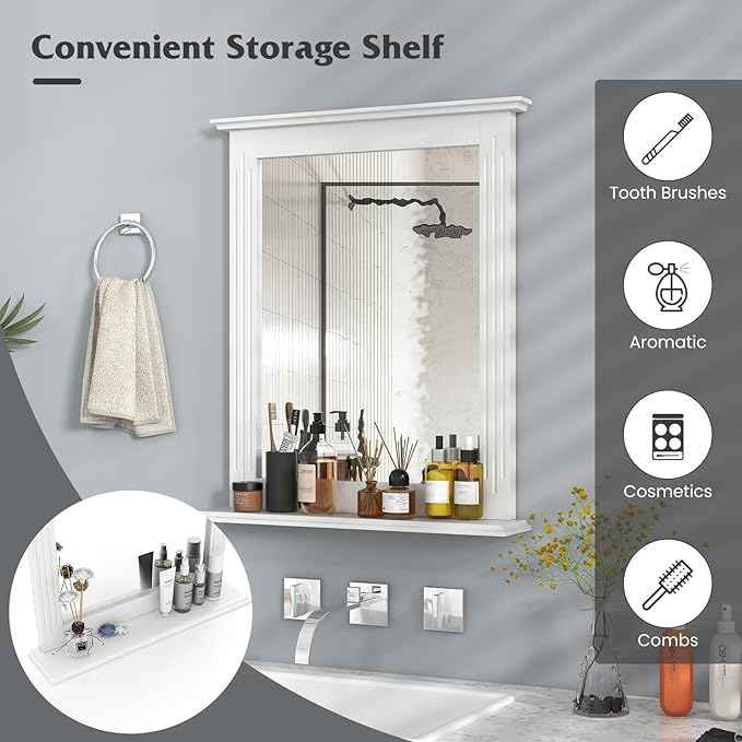 Zalorin Bathroom Wall Mirror with Shelf, Square Makeup Mirror Wall Hanging Mirror, Vanity Mirror for Dressing Room Washroom Bedroom, Modern Concise Wall Mounted Mirror (White)