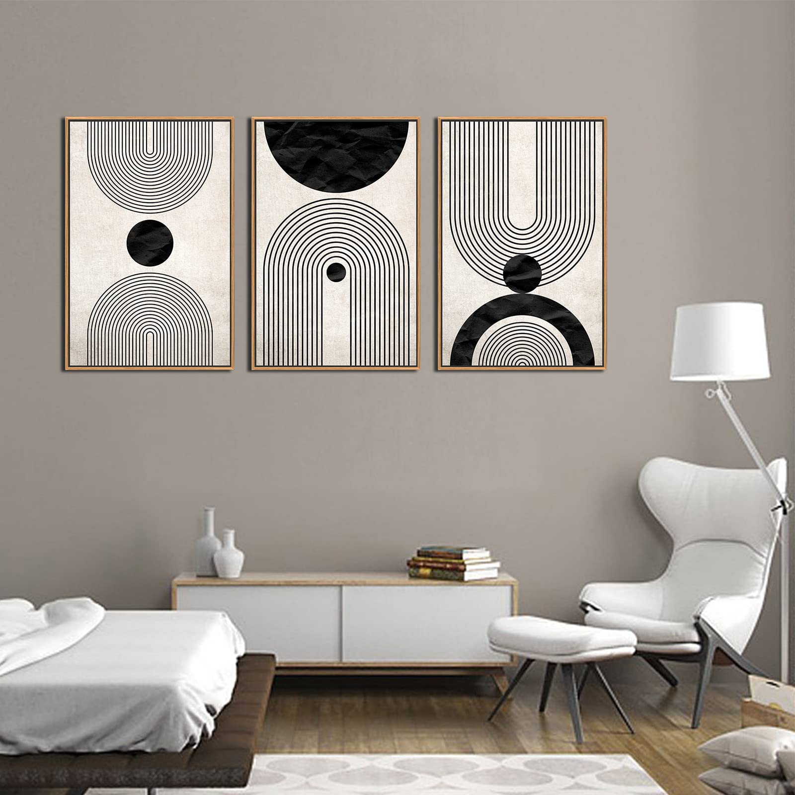 Zalorin Framed Wall Art Canvas Set Mid Century Boho Pictures Modern Abstract Geometric Wall Decor Minimalist Black Beige Bohemian Canvas Painting Artwork for Living Room Bedroom Office 16"x24"x3 Natural