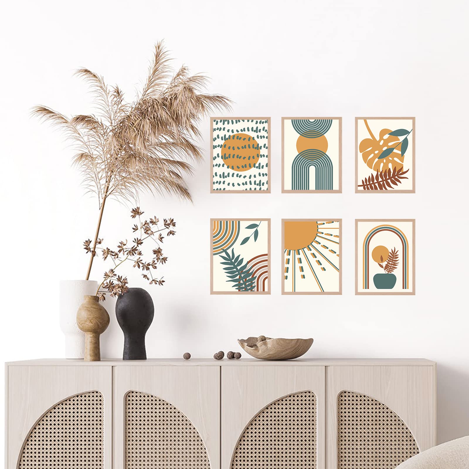 Zalorin Boho Wall Art Set of 6 Minimalist Mid Century Wall Art Prints Unframed Geometry Line Art Sun Plant Leaf Abstract Modern Artwork Poster Boho Decor for Living Room Bedroom Office 8x10 Inch
