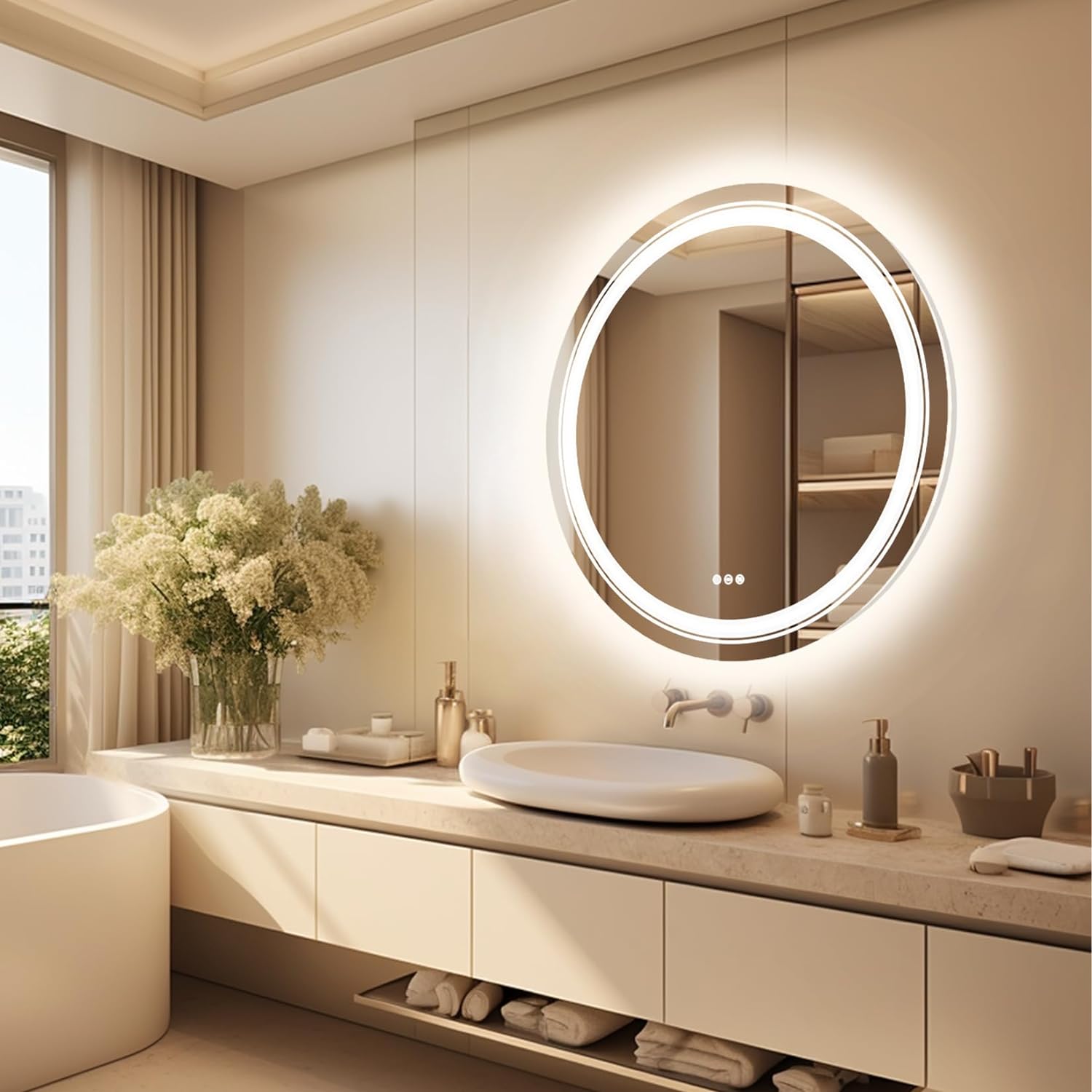 Zalorin LED Bathroom Wall Mirror: 24 Inch Round Anti-Fog Smart Mirrors with Dimmable Front Light & Backlit - CRI95 Lighted Makeup Mirror with Memory for Vanity
