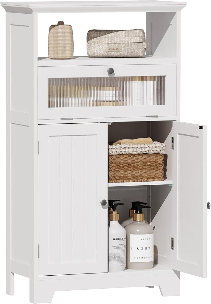 Zalorin Bathroom Floor Storage Cabinet with Flip Glass Drawer, Bathroom Cabinets Freestanding with 2 Doors Adjustable Shelf & Open Storage for Bathroom, Living Room, Hallway, White